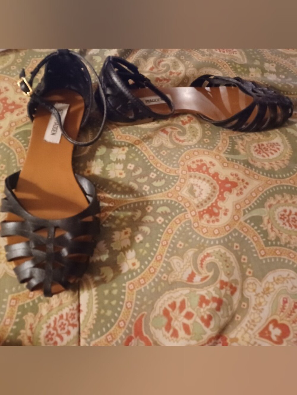 Steve Madden 8 Black Women's Braided Ankle-Strap Flats Shoes